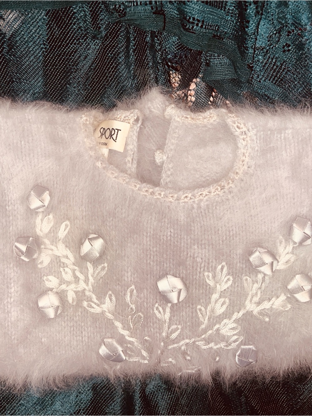 J.D. Sport Fuzzy Sweater with Satin Floral Embroidery